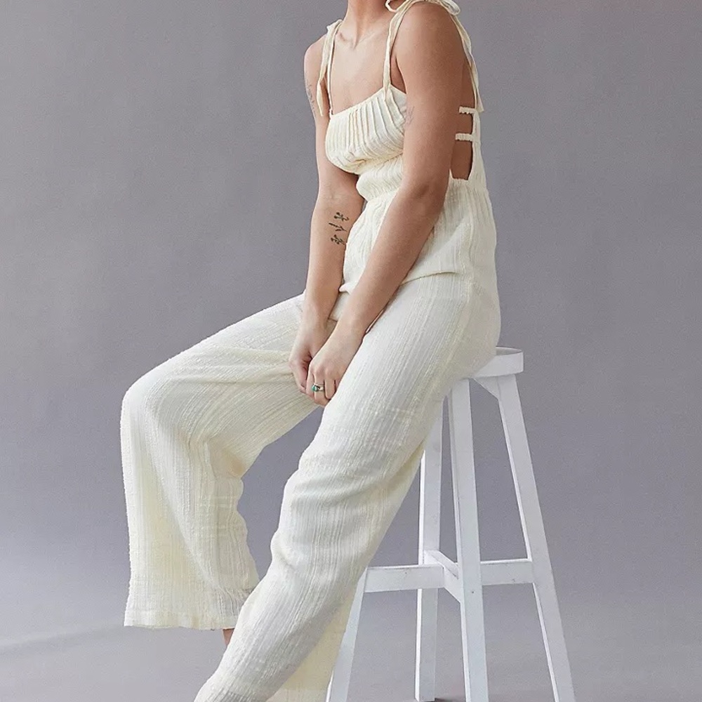 Urban Outfitters Courtney Cotton Butter Yellow Wide-Leg Tie-Strap Jumpsuit NWT
